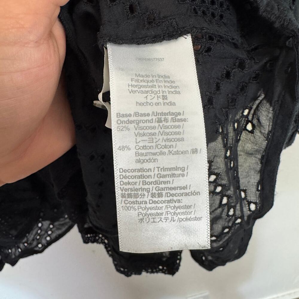 Madewell Ruffled Puff-Sleeve Top WMNS M Black Pintuck Lace-Trim V-Neck Button Up - Picture 7 of 9